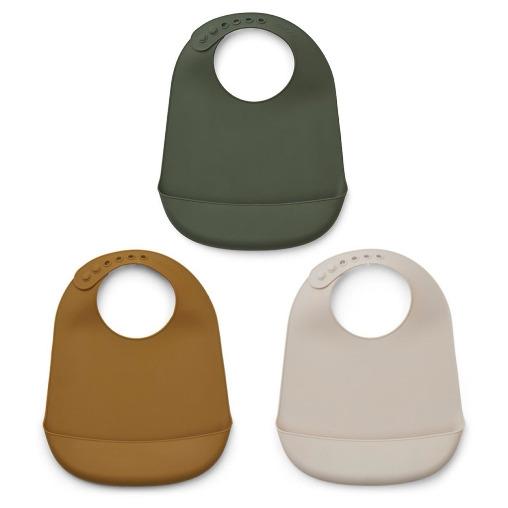 Liewood Maru Silicone Bib Set of 3 Stone, Forest Green, Mustard Yellow